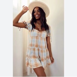 Show Me Your MuMu Maryellen Mini Dress in Blue and Tan Plaid Size Large NWTS